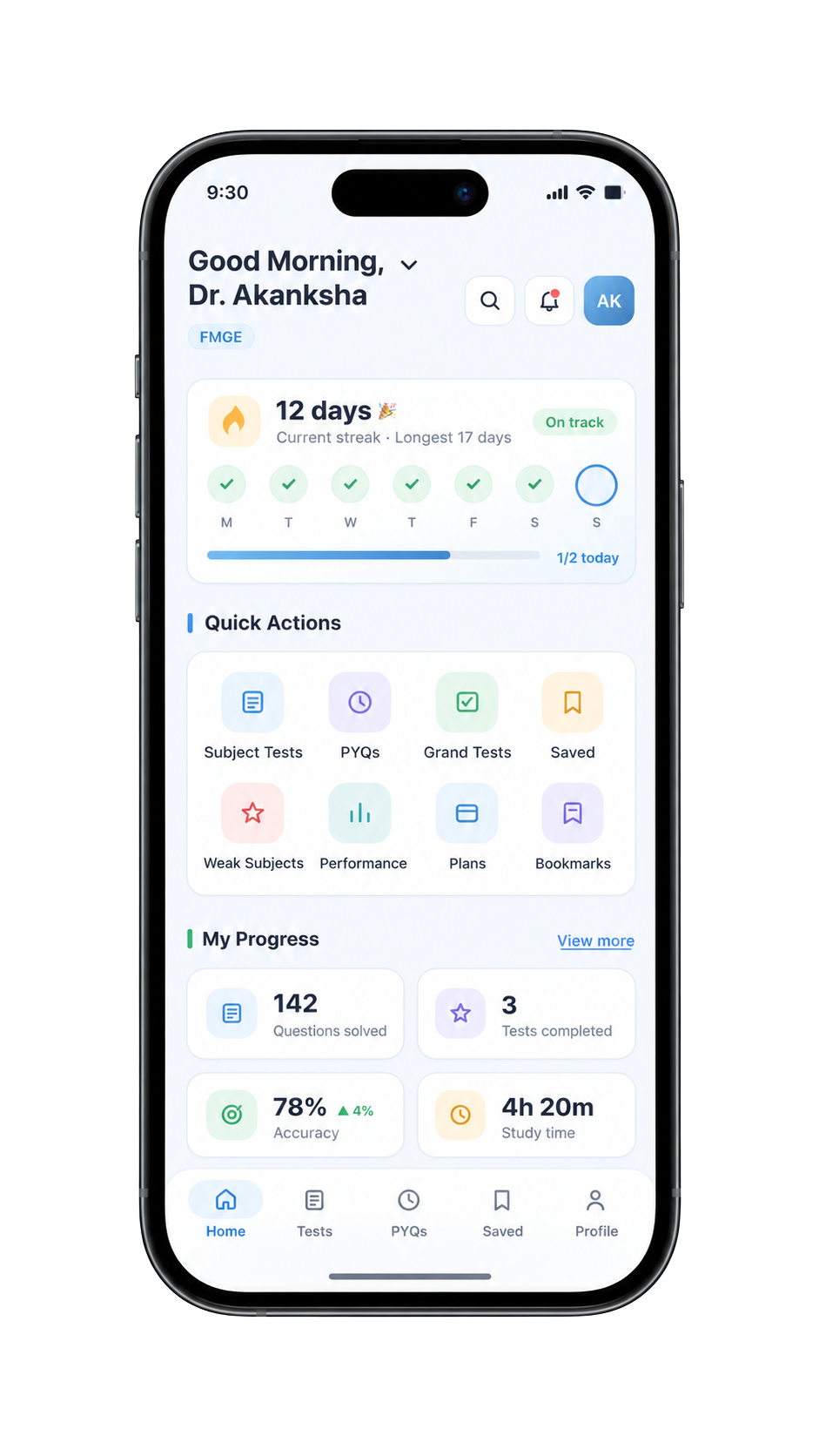 MyTestCart mobile dashboard showing study progress and quick actions