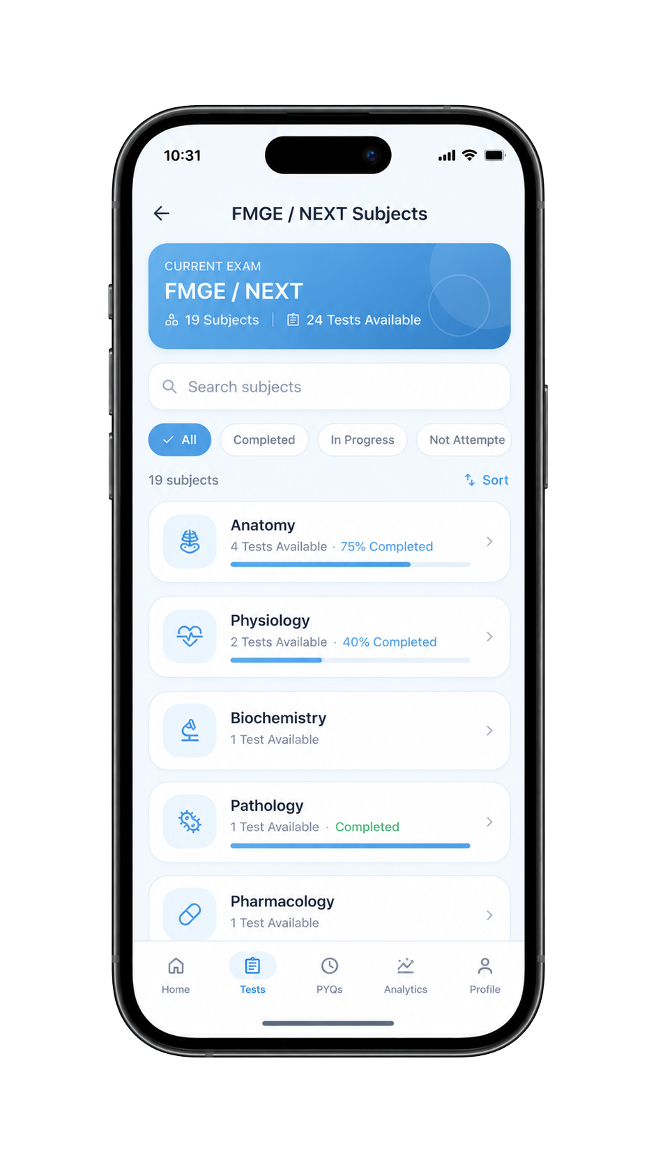 MyTestCart exam subjects screen
