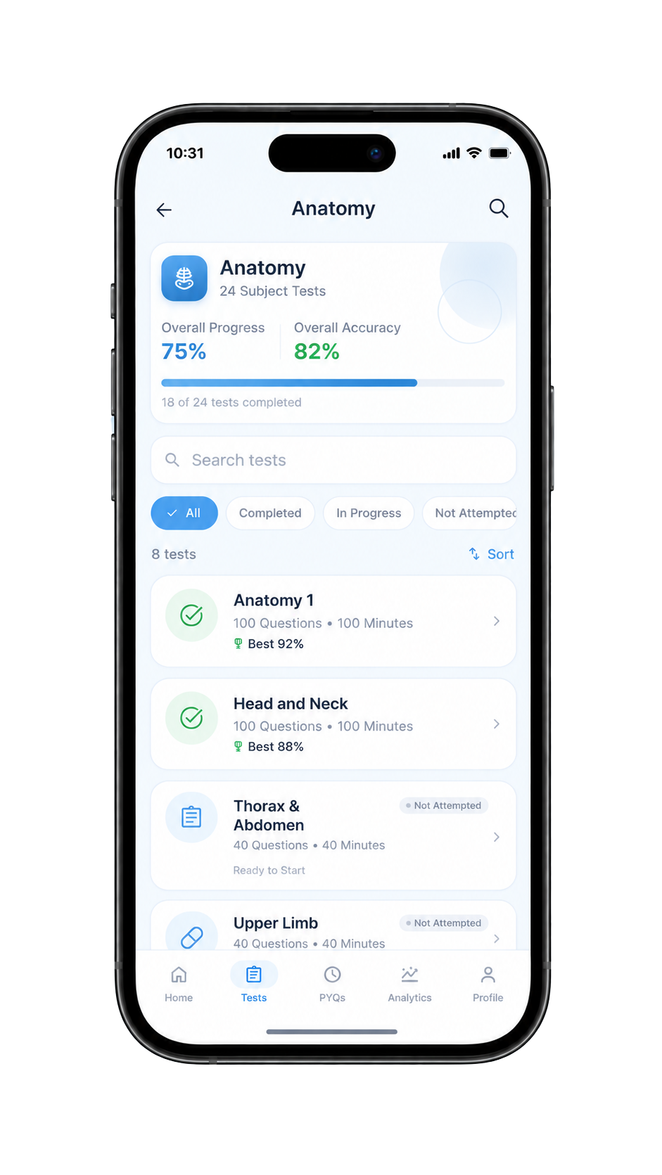 MyTestCart Anatomy subject tests screen